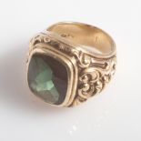 Gents heavy 14K yellow gold signet ring set with green tourmaline. Gross weight 21.9 grams  Approx