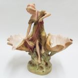 Large Royal Dux Art Nouveau table centrepiece modelled as a female fisher woman with shells each