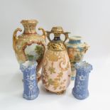 Royal Crown Derby twin handled vase, 26 cms high, two handpainted Noritake vases and a smaller