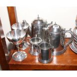 Polished pewter 3 piece tea set and a pair of Mappin & Webb silver plated goblets with vine stems