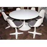 1960's retro style circular single pillar white dining table with 6 matching chairs