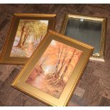 Pair of gilt framed prints of Forest scenes and a mirror in gilt frame