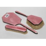 3 piece pink enamel and silver dressing table set