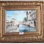 Pair of Victorian style oil paintings on wooden panels of Venetian scenes in decorative gilt frames,