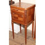 French chestnut bedside cabinet on turned tapered legs with coloured marble top
