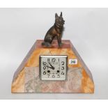 Striking mantel clock in coloured marble case with spelter Alsatian mount,