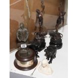 Pair of spelter figure ornaments, pair of ebony elephants, blacksmith figure etc.