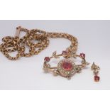 Edwardian seed pearl and synthetic ruby pendant with brooch fastening on a 9ct gold belcher link