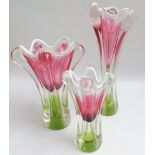 Set of 3 Murrano glass vases of elongated flower form,