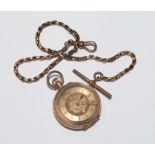 Victorian 14ct gold ladies fob watch together with 9ct rose gold watch chain and T-bar.
