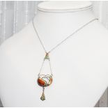 Art nouveau style silver and enamel pendant necklace