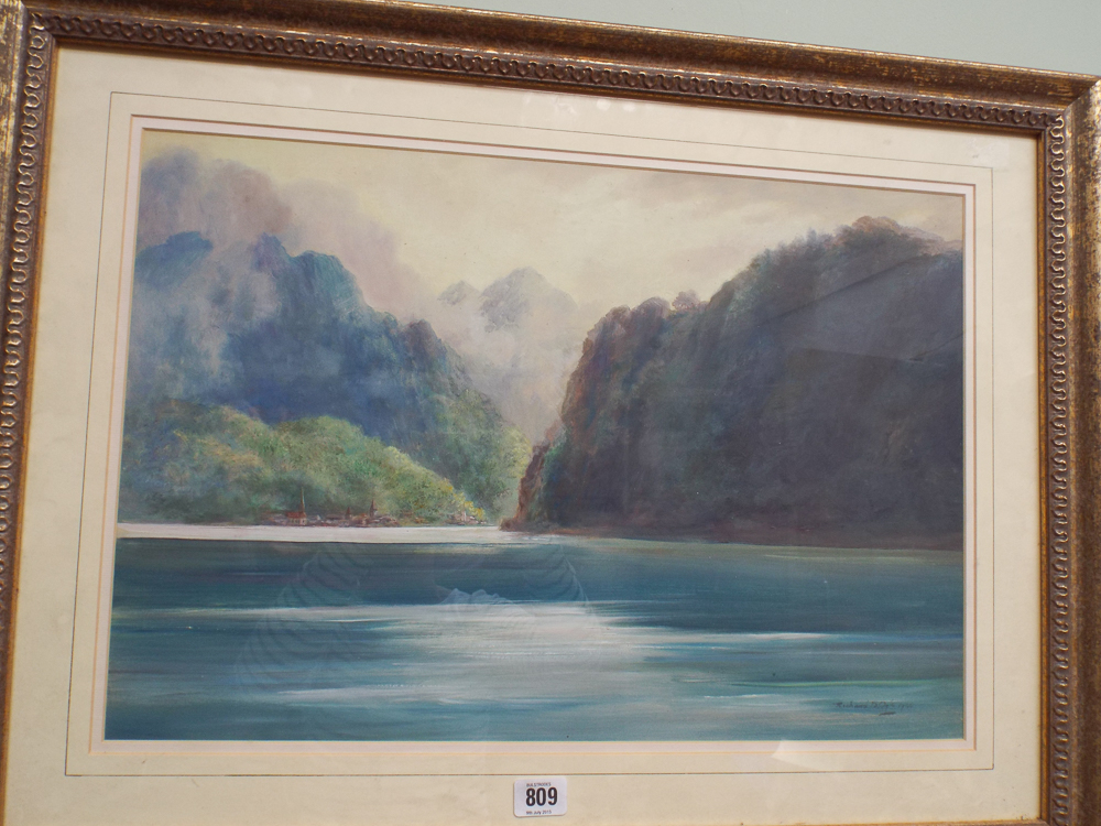 Watercolour of continental lake scene signed Richard Ogle dated 1940. - Image 2 of 2