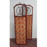 Edwardian inlaid mahogany glazed and needlework panel 3 folding dressing screen with herring bone