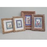 Set of four miniature Persian paintings on bone depicting figures and horses in inlaid frames,