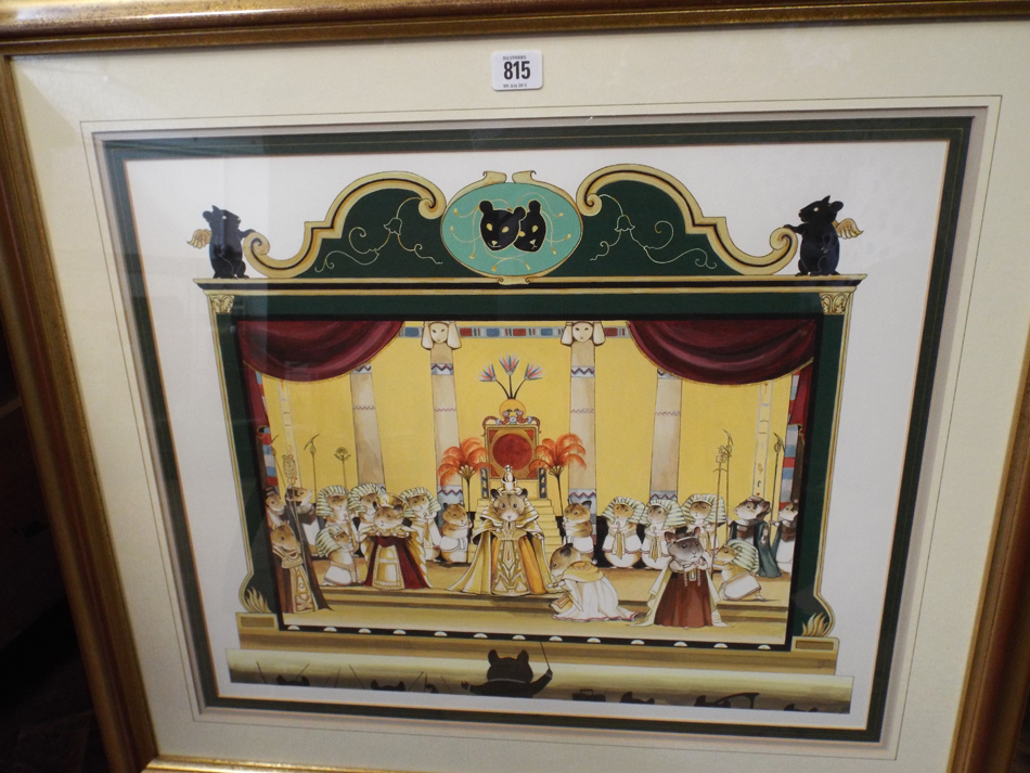 Susan Herbert modern water colour of mice performing Aida, mounted framed and glazed.