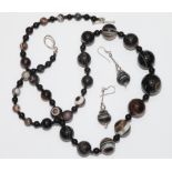 Banded agate bead necklace and a pair of matching drop earrings