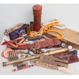 Collection of various military items to include Sam Brown belt, brass telescope in leather case,