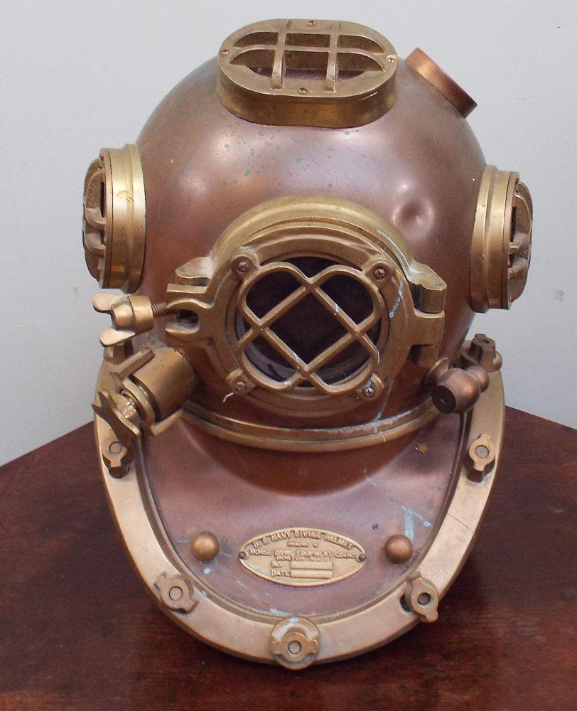 Full sized brass and copper diving helmet, US Navy by Morse Diving Equipment Company,