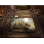 Pair of antique style pictures of sailing boats in heavy gilt frames