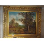 Modern oil painting of a woodland scene in Victorian style gilt frame