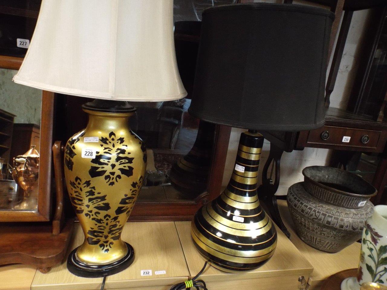 2 large gold and black table lamps with shade