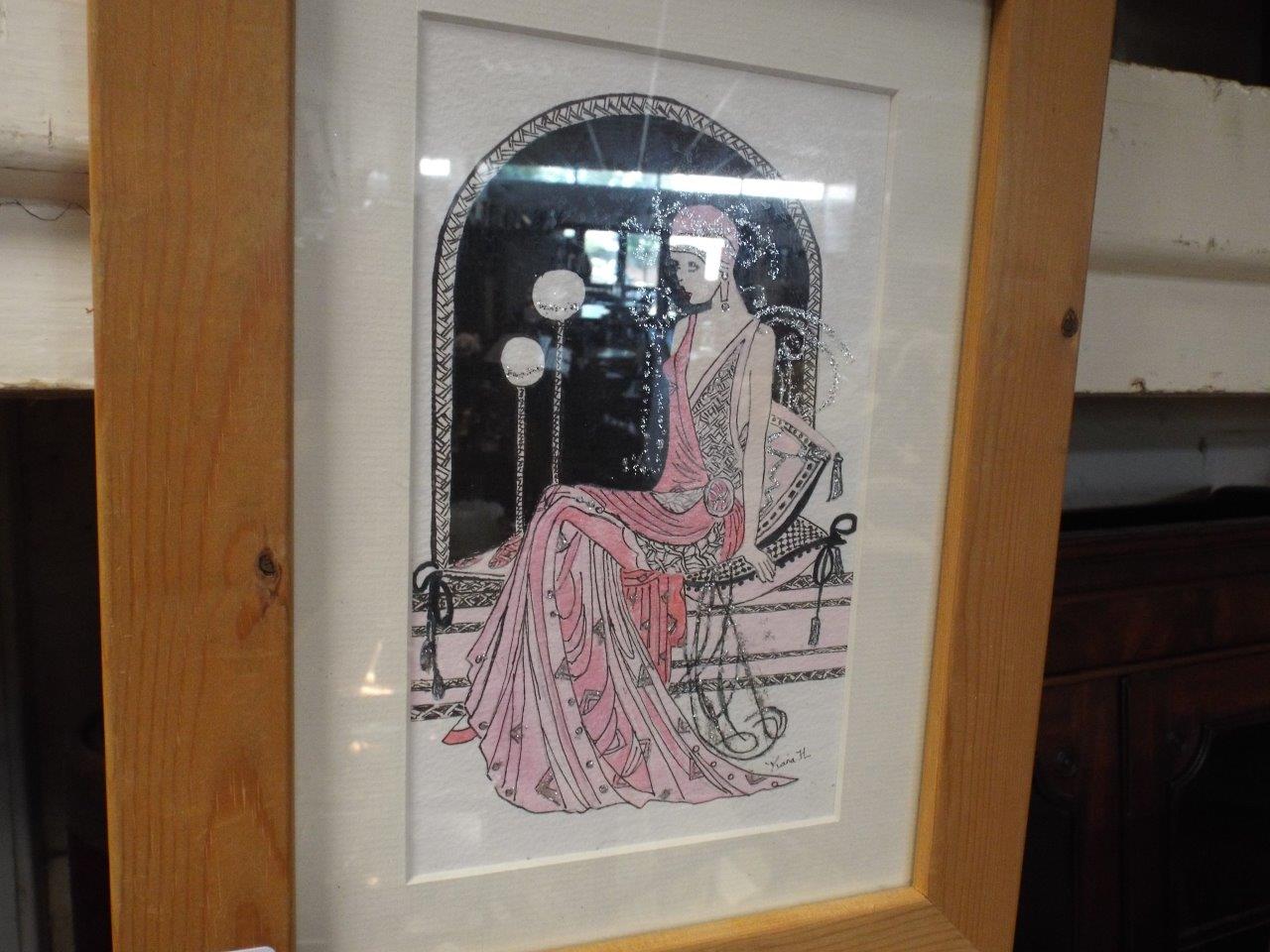 Small watercolour of Madame Pompadour in pine frame