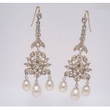 Pair of silver set paste and cultured pearl earrings with gold wire fittings
