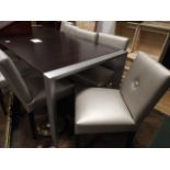 Contemporary polished aluminium framed extending dining table with mahogany finished top together