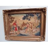 19th century needlework and watercolour silk panel of a biblical scene in a swept gilt frame (in