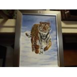 Modern silver framed oil painting of a tiger,