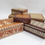 Five wooden inlaid trinket boxes including Middle Eastern examples inlaid with ivory,