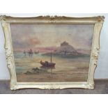 Late Victorian atmospheric oil on canvas depicting St Michaels Mount at sunset signed Wilfrid