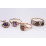 3 x 9ct gold stone set dress rings, 9ct gold amethyst pendant
Gross weight of lot - 8.