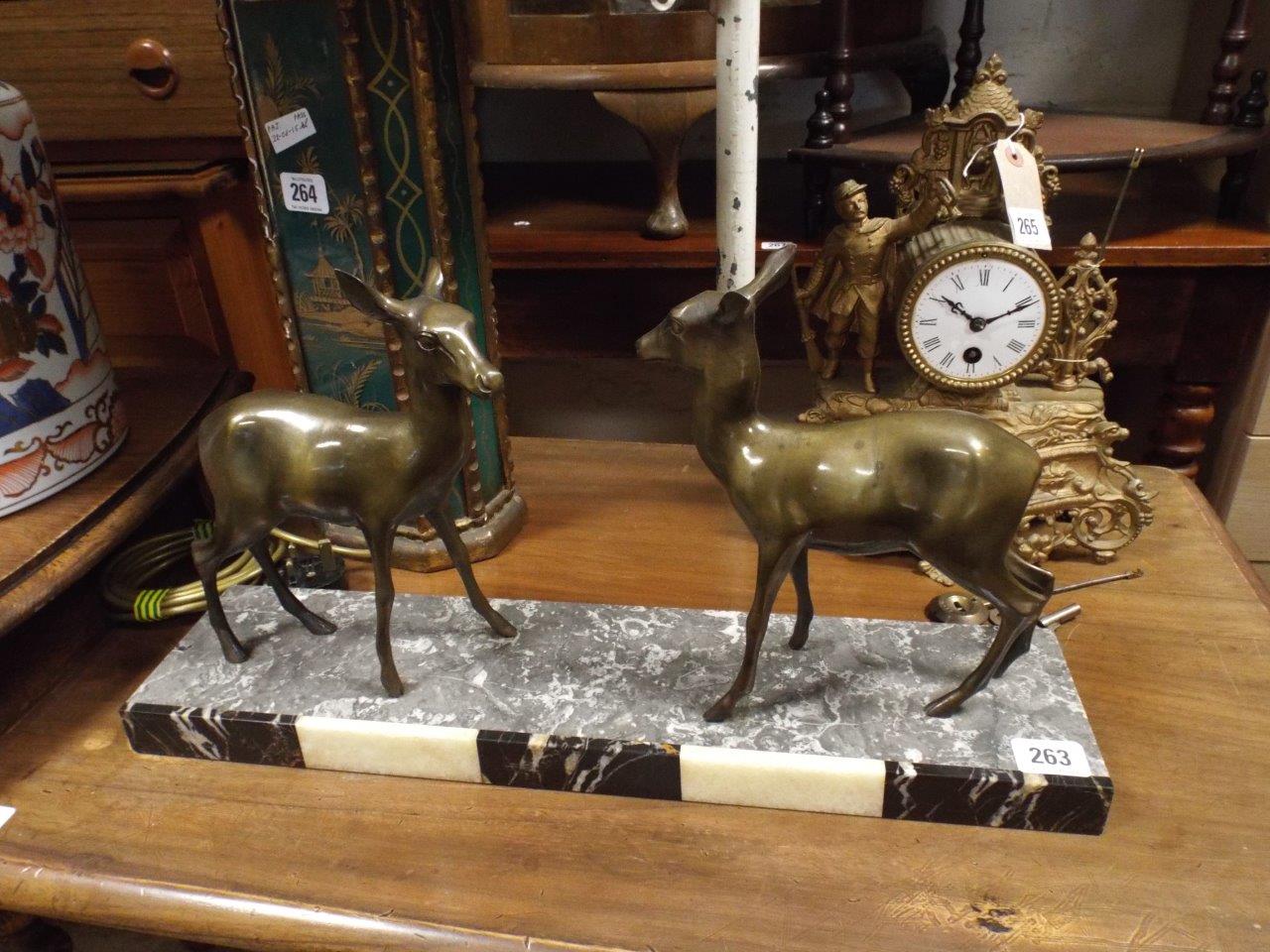 French Art Deco pair of Deer on marble base,
