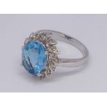 9ct white gold blue topaz and diamond cluster ring - appx size M