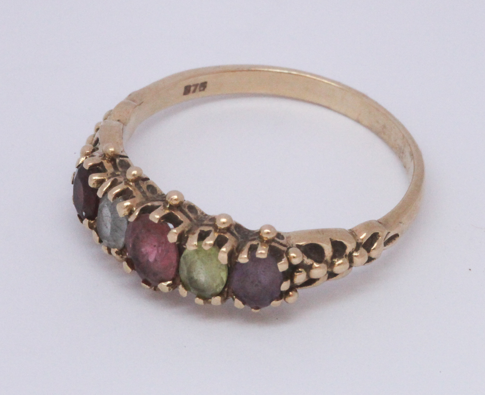 9ct gold Victorian style half hoop ring set with coloured gemstones.