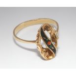 Ladies dress ring set with oval panel with black green and orange enamelled floral design,