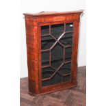 Georgian shell inlaid mahogany wall hanging corner cabinet with lattice doors