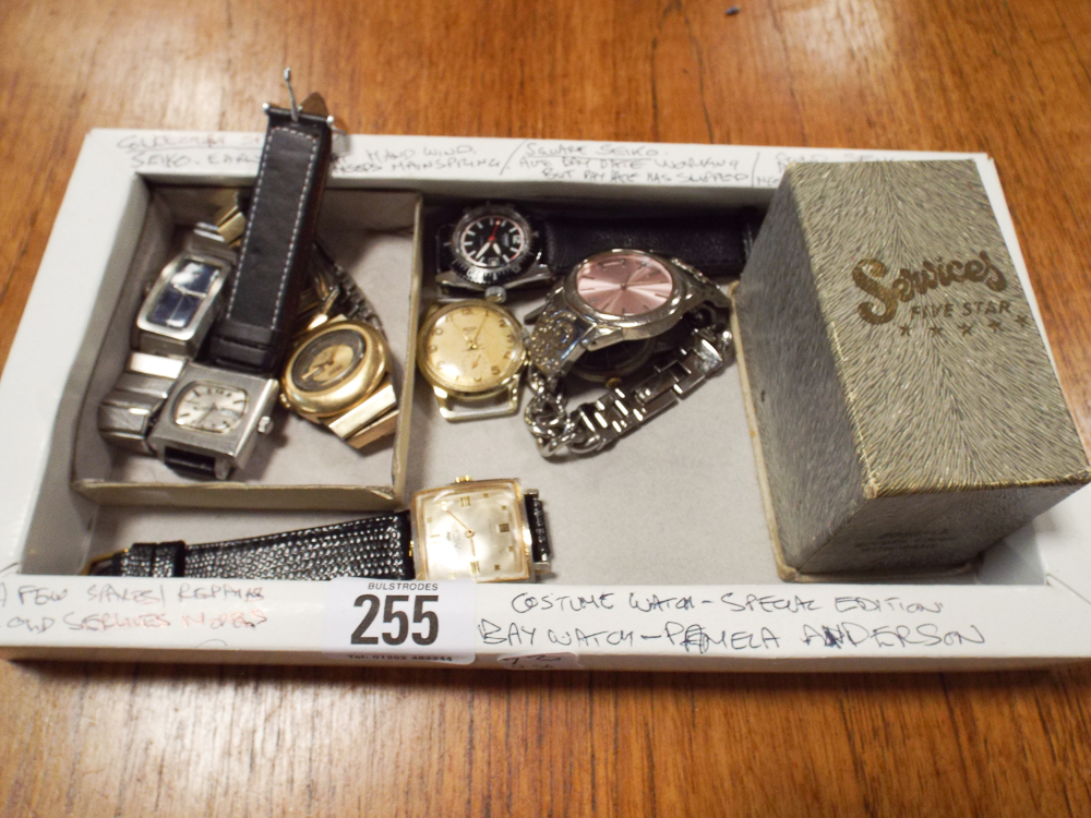 Tray containing old watches and watch parts etc.