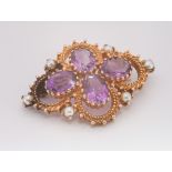 9ct gold amethyst and split pearl set brooch,