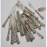 Set of 12 silver plated fish knives and forks with acanthus leaf patterned handles engraved with