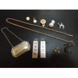 Silver Sherry decanter label, two silver ingots, chain, loose pearls, earrings etc.