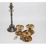 three arts and crafts brass chamber candle sticks, bases apprx 13cm in diameter and an arts and