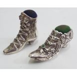 2 Sterling silver pin cushions modelled as Victorian lady shoes,