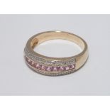 9ct yellow gold pink sapphire, and diamond half hooped ring.