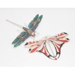 2 sterling silver and enamel set dragonfly brooches