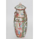 Covered Cantonese baluster form vase decorated with figures, flowers, birds and butterflies,