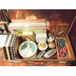 Old copper print plate, vintage table lighters, chess set etc.