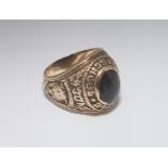 Gents 10 k gold fraternity ring, set with cabochon blue stone, marked Temple High School .