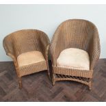 Gold sprayed Lloyd Loom armchair with fabric cushions and a smaller similar example